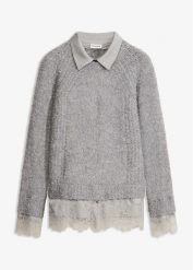 Sweter z koszulową wstawką. Szare swetry nierozpinane damskie bonprix, bez wzorów, z koronki, eleganckie, bez kołnierzyka, bez ramiączek. Za 129.99 zł.