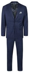Garnitur Męski - Elegancki - Victorio - Granatowy, Wzór w Kratę. Niebieskie garnitury męskie Victorio, l, bez wzorów, z elastanu, biznesowe. Za 699.00 zł.
