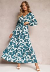 Zielona Sukienka Kharano. Zielone sukienki damskie Renee, l, bez wzorów, z materiału, klasyczne, bez kołnierzyka, bez ramiączek, maxi, kopertowe. Za 109.99 zł.