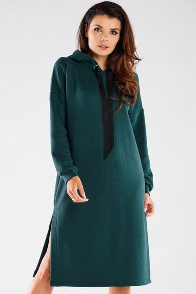 Bluzowa sukienka z kapturem bawełna premium zielona. Zielone sukienki damskie Infinite You, na co dzień, na jesień, m, bez wzorów, z bawełny, eleganckie, bez kołnierzyka, bez ramiączek, midi, oversize. Za 289.00 zł.
