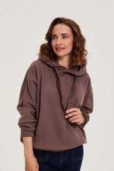 Bluza z kapturem brązowa. Brązowe bluzy damskie MOODO, l, bez wzorów, z bawełny, bez ramiączek, z kapturem. Za 129.99 zł.