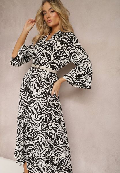 Czarno-Biała Sukienka Maxi z Falbanką z Guzikami i Liściastym Wzorem Polka. Czarne sukienki damskie Renee, l, bez wzorów, eleganckie, bez kołnierzyka, bez ramiączek, maxi. Za 99.99 zł.