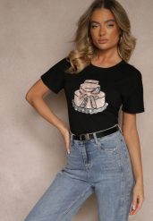Czarny Bawełniany T-shirt z Kokardą 3D i Nadrukiem Tortu Sanaviela. Czarne t-shirty damskie Renee, l, bez wzorów, z bawełny, eleganckie, bez kołnierzyka, bez ramiączek. Za 39.99 zł.