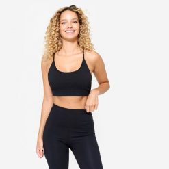Stanik sportowy Domyos prążkowany. Czarne bielizna sportowa damska DOMYOS, s, bez wzorów, z elastanu. Za 69.99 zł.