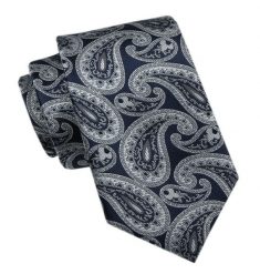 Elegancki Krawat Męski - Alties - Granatowy w Duże, Popielate Paisley. Niebieskie krawaty i muchy Alties, bez wzorów, z tkaniny, eleganckie. Za 49.00 zł.