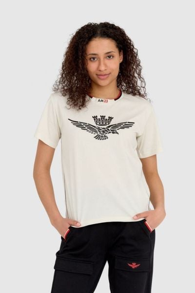AERONAUTICA MILITARE Kremowy bawełniany luźny t-shirt damski z wypukłym orłem Comfort Fit, Rozmiar XS. Brązowe t-shirty damskie Aeronautica Militare, s, bez wzorów, z bawełny, bez kołnierzyka, bez ramiączek. W wyprzedaży za 285.99 zł.