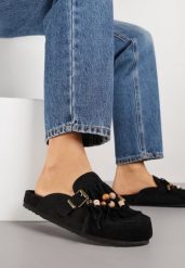 Czarne Klapki na Platformie Ozdobione Koralikami Klamrami i Frędzlami Leurecea. Czarne klapki damskie Renee, na lato, bez wzorów, eleganckie, bez obcasa, na platformie, bez zapięcia. Za 119.99 zł.