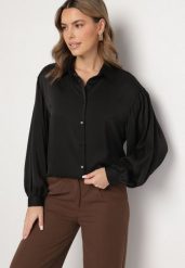 Czarna Koszula z Bufiastymi Rękawami i Przedłużonym Tyłem Zilima. Czarne koszule damskie Born2be, m, bez wzorów, z jeansu, eleganckie, bez kołnierzyka, bez ramiączek. Za 89.99 zł.