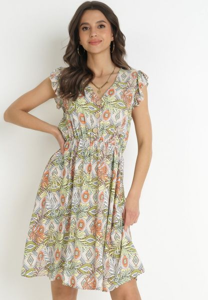 Zielono-Beżowa Sukienka z Wiskozy z Gumką w Pasie i Falbankami Przy Ramionach Siham. Zielone sukienki damskie Born2be, na imprezę, l, bez wzorów, z wiskozy, bez kołnierzyka, bez ramiączek, mini. Za 69.99 zł.