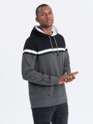 Bluza męska z kapturem trzykolorowa - szara V2 - Rozmiar: S. Szare bluzy męskie Ombre Clothing, l, bez wzorów, z bawełny, bez ramiączek, z kapturem. W wyprzedaży za 69.99 zł.