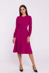 Elegancka sukienka rozkloszowana z paskiem fioletowa. Fioletowe sukienki damskie Stylove, do pracy, l, bez wzorów, z elastanu, biznesowe, bez kołnierzyka, bez ramiączek, rozkloszowane. Za 389.00 zł.