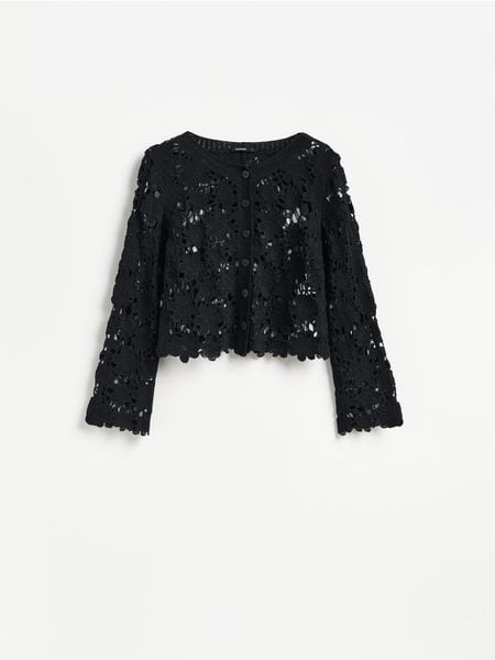 Crochetowy kardigan - czarny. Czarne kardigany damskie Reserved, l, bez wzorów, z bawełny, bez kołnierzyka. Za 119.99 zł.