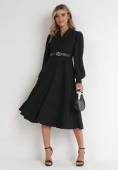 Czarna Sukienka Rozkloszowana z Paskiem Aidyn. Czarne sukienki damskie Born2be, na imprezę, bez wzorów, eleganckie, bez kołnierzyka, bez ramiączek, midi, kopertowe. Za 129.99 zł.