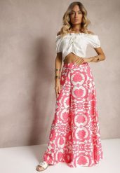 Różowe Szerokie Spodnie z Wiskozy High Waist z Gumką w Talii o Kwiatowym Wzorze Weranea. Czerwone spodnie materiałowe damskie Renee, na wiosnę, bez wzorów, z jeansu, z podwyższonym stanem. Za 59.99 zł.