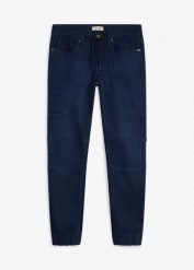 Joggersy jeansowe o kroju regular fit z regulowanym elastycznym pasem, straight. Niebieskie jeansy męskie bonprix, z jeansu. Za 149.99 zł.