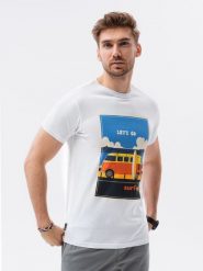 T-shirt męski z nadrukiem - biały V8A - Rozmiar: XL. Białe t-shirty męskie Ombre Clothing, m, bez wzorów, z bawełny, bez kołnierzyka, bez ramiączek. W wyprzedaży za 29.99 zł.