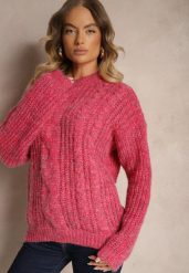 Różowy Sweter z Wełną Ozdobiony Tłoczeniem Ecrisevia. Czerwone swetry nierozpinane damskie Renee, bez wzorów, z jeansu, casualowe, bez kołnierzyka, bez ramiączek. Za 69.99 zł.