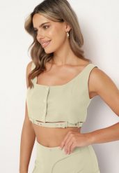 Jasnozielony Top Zapinany na Napy z Ozdobnym Paskiem Tiamarose. Zielone topy damskie Born2be, s, bez wzorów, z jeansu, eleganckie, bez kołnierzyka, bez ramiączek. Za 74.99 zł.