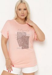 Jasnoróżowy Bawełniany T-shirt z Ozdobnym Napisem i Cyrkoniami Krisiona. Czerwone t-shirty damskie Born2be, l, bez wzorów, z bawełny, biznesowe, bez kołnierzyka, bez ramiączek. Za 34.99 zł.