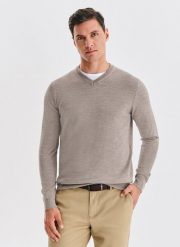 PAKO LORENTE - Wełniany sweter w kolorze beżowym. Brązowe swetry męskie Pako Lorente, na jesień, m, bez wzorów, z wełny, bez kołnierzyka, bez ramiączek. Za 399.99 zł.