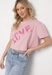 Różowy Bawełniany T-shirt Oversize o Krótkim Kroju z Napisem Sannelia. Czerwone t-shirty damskie Born2be, m, bez wzorów, z bawełny, bez kołnierzyka, bez ramiączek. Za 34.99 zł.
