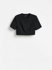 Krótki żakiet - czarny. Czarne marynarki i żakiety damskie Reserved, bez wzorów, z tkaniny, bez kołnierzyka, bez ramiączek. Za 179.99 zł.
