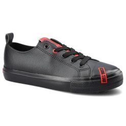 Trampki damskie Big Star, skóra ekologiczna ze sznurowaniem na płaskiej podeszwie, czarne, EE274303. Czarne trampki i tenisówki damskie BIG STAR, bez wzorów, z gumy, bez zapięcia. Za 99.00 zł.