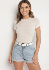 Beżowy T-shirt z Lnem o Dopasowanym Kroju Salionaria. Brązowe t-shirty damskie Born2be, s, bez wzorów, z jeansu, klasyczne, bez kołnierzyka, bez ramiączek. Za 49.99 zł.