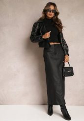 Czarna Maxi Trapezowa Spódnica z Ekoskóry Agapito. Czarne spódnice damskie Renee, l, bez wzorów, z materiału, maxi, trapezowe. Za 84.99 zł.