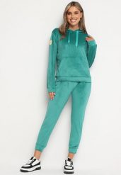Jasnozielony Komplet Dresowy z Bawełną Bluza z Kapturem i Kieszenią Spodnie z Gumką w Talii Quesaria. Zielone bluzy damskie Born2be, l, bez wzorów, z bawełny, bez ramiączek, z kapturem. Za 89.99 zł.