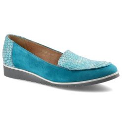 Półbuty damskie Gamis, naturalna skóra zamszowa i profilowana wkładka, turkusowe, 1820-W68-W60. Niebieskie półbuty damskie GAMIS, na lato, bez wzorów, z jeansu, eleganckie, bez obcasa, bez zapięcia. Za 189.00 zł.