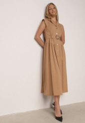 Beżowa Koszulowa Sukienka Bez Rękawów z Wiskozy i Bawełny z Paskiem Suranon. Brązowe sukienki damskie Born2be, na co dzień, na lato, m, bez wzorów, z bawełny, eleganckie, bez kołnierzyka, bez ramiączek, koszulowe. Za 159.99 zł.