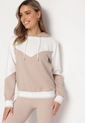 Beżowa Dwukolorowa Bluza z Bawełny z Geometrycznym Wzorem i Kapturem Glace. Brązowe bluzy damskie Born2be, bez wzorów, z bawełny, casualowe, bez ramiączek, z kapturem. Za 89.99 zł.