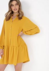 Żółta Sukienka Amarheis. Żółte sukienki damskie Born2be, l, bez wzorów, bez kołnierzyka, bez ramiączek, mini. Za 54.99 zł.