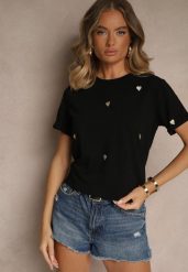 Czarny Bawełniany T-shirt z Motywem Serc Aramiraa. Czarne t-shirty damskie Renee, l, bez wzorów, z bawełny, bez kołnierzyka, bez ramiączek. Za 44.99 zł.