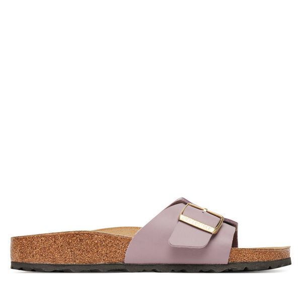 Klapki Birkenstock. Fioletowe klapki damskie Birkenstock, bez wzorów, bez obcasa, bez zapięcia. Za 359.99 zł.