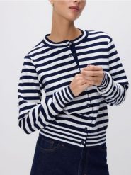 Kardigan w paski - granatowy. Niebieskie kardigany damskie Reserved, l, bez wzorów, z bawełny, klasyczne, bez kołnierzyka. Za 129.99 zł.