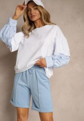 Jasnoniebieskie Casualowe Szorty High Waist z Kieszeniami Wykończone Gumką Shezetta. Niebieskie szorty damskie Renee, bez wzorów, z materiału, klasyczne, z podwyższonym stanem. Za 39.99 zł.