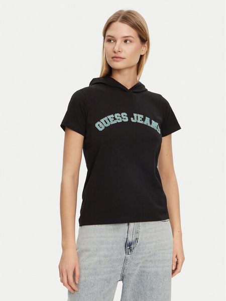 Guess T-Shirt W5GP28 J1314 Czarny Regular Fit. Czarne t-shirty damskie Guess, s, z aplikacjami, z bawełny, bez kołnierzyka, bez ramiączek. Za 109.99 zł.