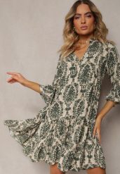 Zielona Sukienka z Bawełny o Rozkloszowanym Kroju Wykończona Falbanką Niloa. Zielone sukienki damskie Renee, na imprezę, na lato, l, bez wzorów, z bawełny, eleganckie, bez kołnierzyka, bez ramiączek, mini, rozkloszowane. Za 39.99 zł.