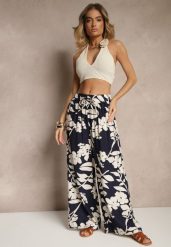 Granatowe Szerokie Spodnie z Wiskozy High Waist w Kwiatowy Wzór Elaneora. Niebieskie spodnie materiałowe damskie Renee, bez wzorów, z jeansu, eleganckie, z podwyższonym stanem. Za 39.99 zł.