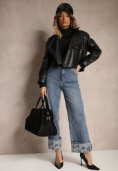 Niebieskie Jeansy High Waist z Szerokimi Nogawkami Ozdobnie Wywiniętymi z Paskiem Loroma. Niebieskie jeansy damskie Renee, bez wzorów, z bawełny, eleganckie, z podwyższonym stanem. Za 129.99 zł.
