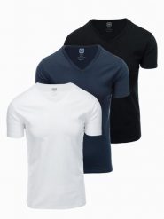 Zestaw męskich t-shirtów bawełnianych V-neck BASIC – czarny/biały/granatowy V1. Białe t-shirty męskie Ombre Clothing, l, bez wzorów, z bawełny, bez kołnierzyka, bez ramiączek. W wyprzedaży za 112.49 zł.