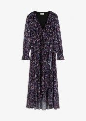 Sukienka z siatkowego materiału z nadrukiem w kwiatki. Czerwone sukienki damskie bonprix, bez wzorów, bez kołnierzyka, bez ramiączek. Za 149.99 zł.