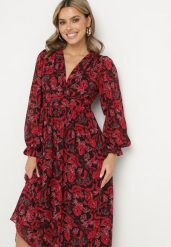 Bordowa Maxi Sukienka z Kopertowym Dekoltem w Modny Print Ceconna. Czerwone sukienki damskie Born2be, m, bez wzorów, bez kołnierzyka, bez ramiączek, maxi, kopertowe. Za 159.99 zł.