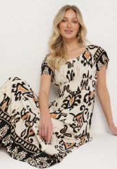 Jasnobeżowa Wiskozowa Sukienka z Geometrycznym Wzorem Cleanna. Brązowe sukienki damskie Born2be, na co dzień, l, z aplikacjami, z wiskozy, eleganckie, bez kołnierzyka, bez ramiączek, maxi, proste. Za 54.99 zł.