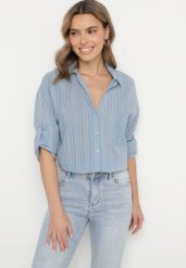 Niebieska Koszula Bawełniana w Paski z Kieszonką Lialune. Niebieskie koszule damskie Born2be, m, bez wzorów, z bawełny, eleganckie, bez kołnierzyka, bez ramiączek. Za 69.99 zł.