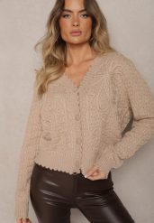 Beżowy Kardigan w Stylu Oversize z Guzikami i Ozdobnymi Tłoczeniami Palabia. Brązowe kardigany damskie Renee, na zimę, bez wzorów, bez kołnierzyka. Za 159.99 zł.