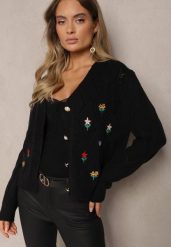 Czarny Kardigan z Dodatkiem Wełny z Naszywkami w Kształcie Kwiatów Gatina. Czarne kardigany damskie Renee, l, z aplikacjami, z jeansu, eleganckie, bez kołnierzyka. Za 59.99 zł.