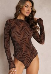 Brązowe Siateczkowe Body z Metaliczną Nitką i Welurowym Nadrukiem Vanbiga. Brązowe body Renee, z aplikacjami, z tkaniny. Za 99.99 zł.